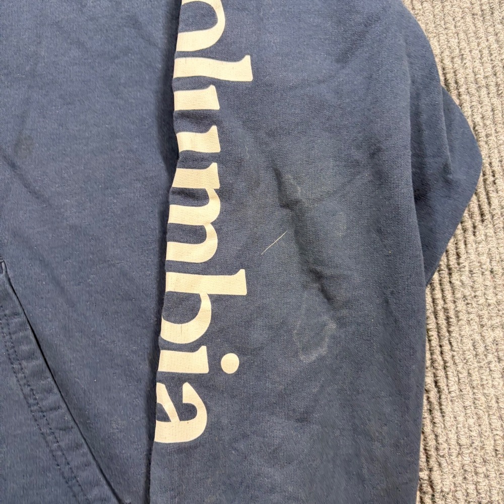 Columbia Hoodie Mens XL Blue Logo Sleeve Pullover Sweatshirt Pocket Distressed - Picture 9 of 11